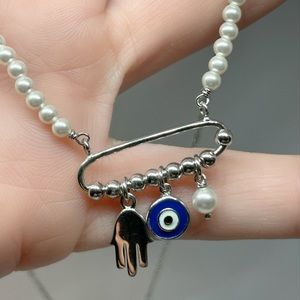 Sterling Silver Hamsa and Glass Pearl Evil Eye Necklace 16 inches Adjustable